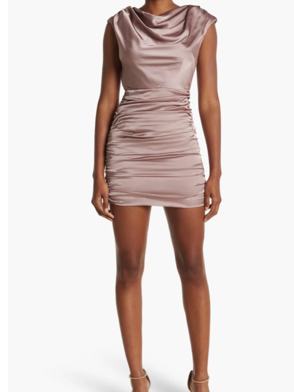 Do + Be Collection Satin Cowl Neck Ruched Mini Dress Mauve